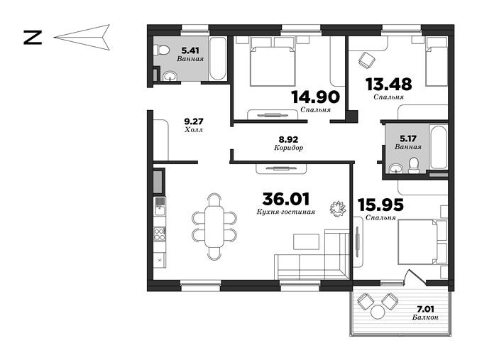 NEVA HAUS, Корпус 1, 3 спальни, 112.62 м² | планировка элитных квартир Санкт-Петербурга | М16